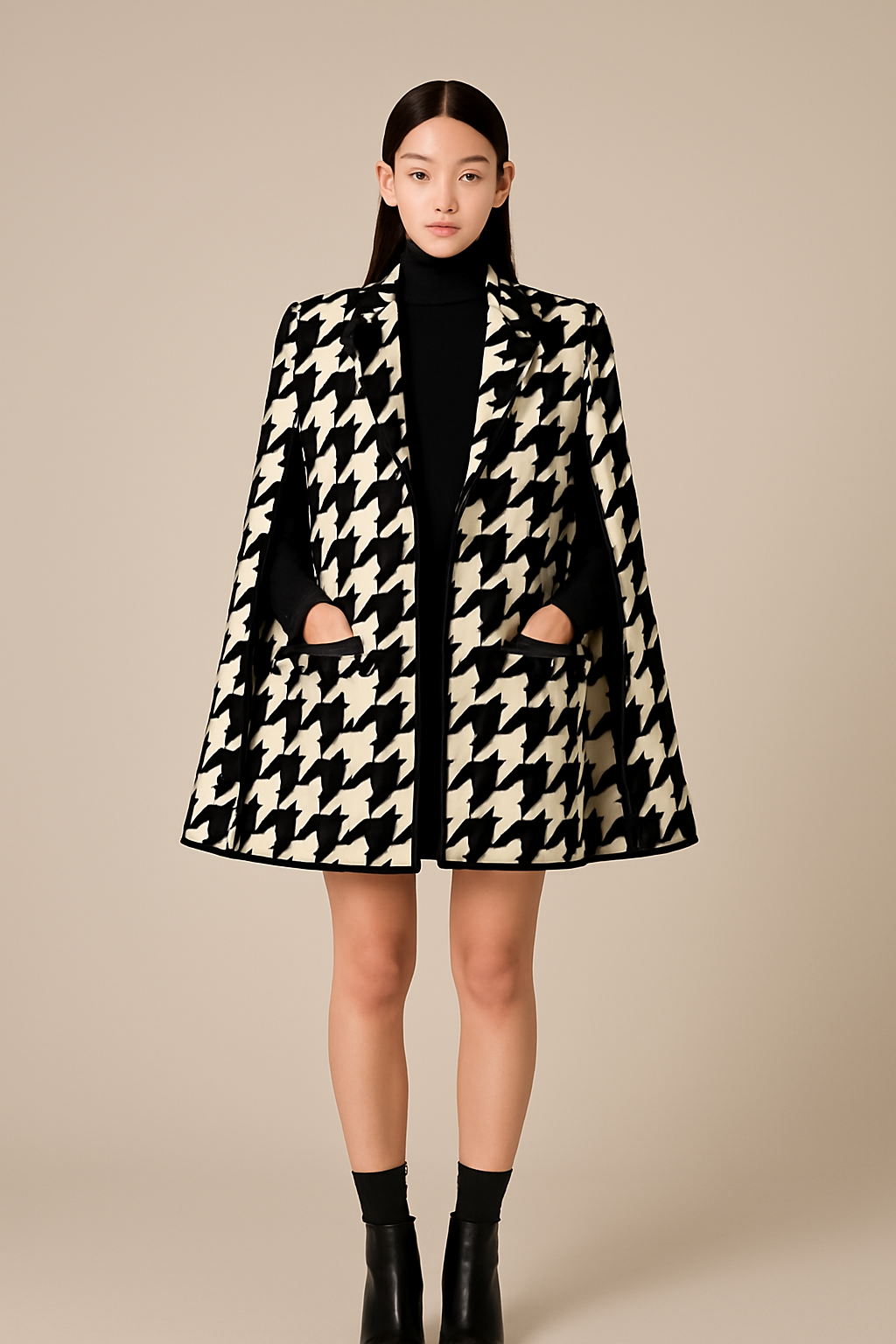 Houndstooth Woolen Cape Coat & Shorts ¨C Elegant & Fashionable Set